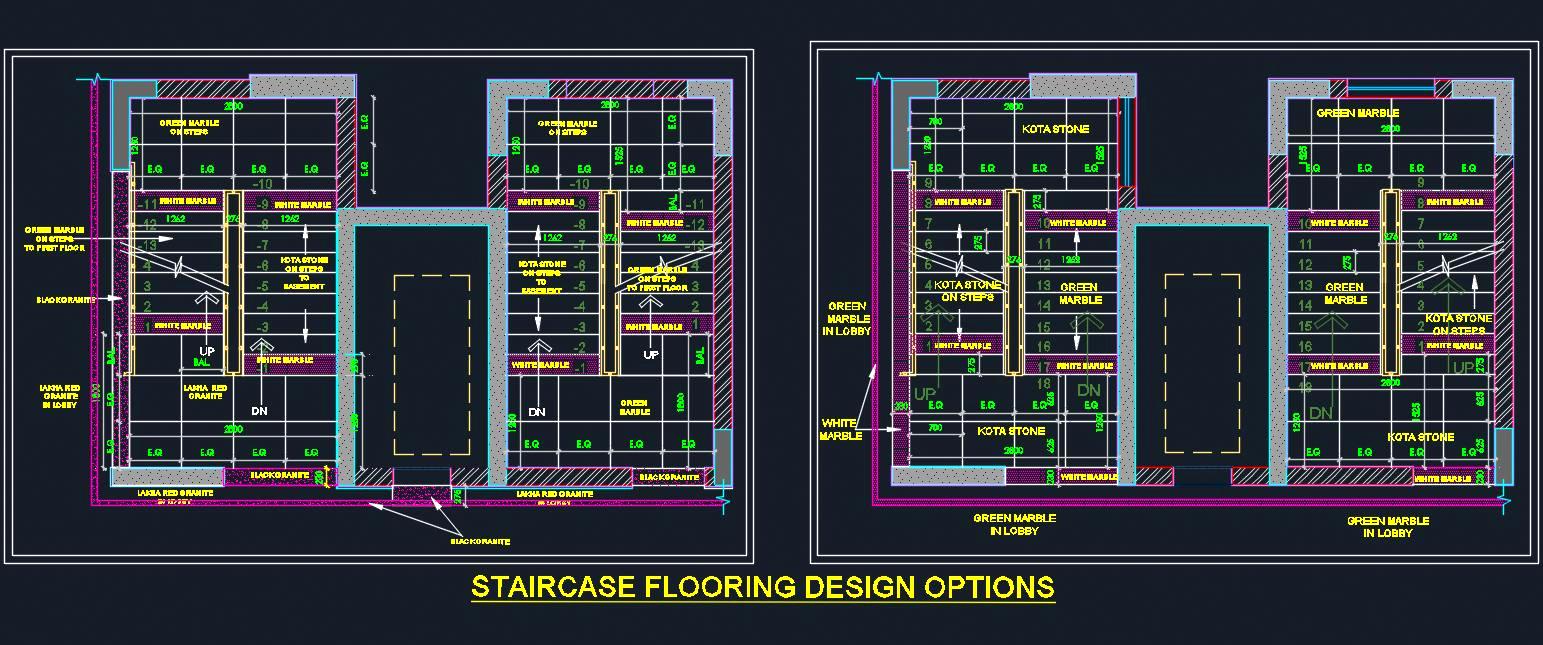 Staircase Flooring Design- White Marble & Kota Stone in AutoCAD